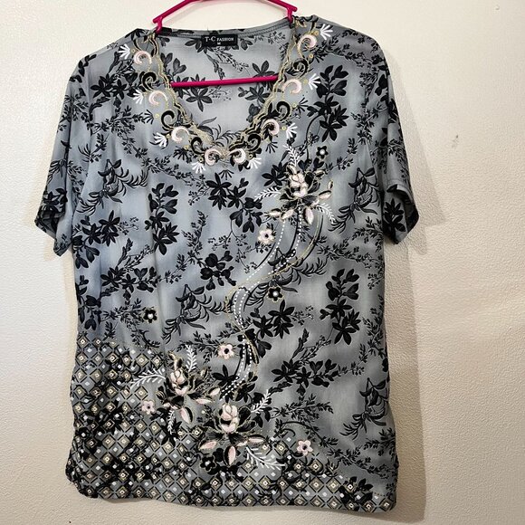 T-C Fashion Womens Blouse grey with black size M - Picture 1 of 7